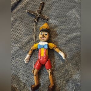 Vintage 1950's Pinochio Wooden Marionette Puppet with Red and Blue Outfit